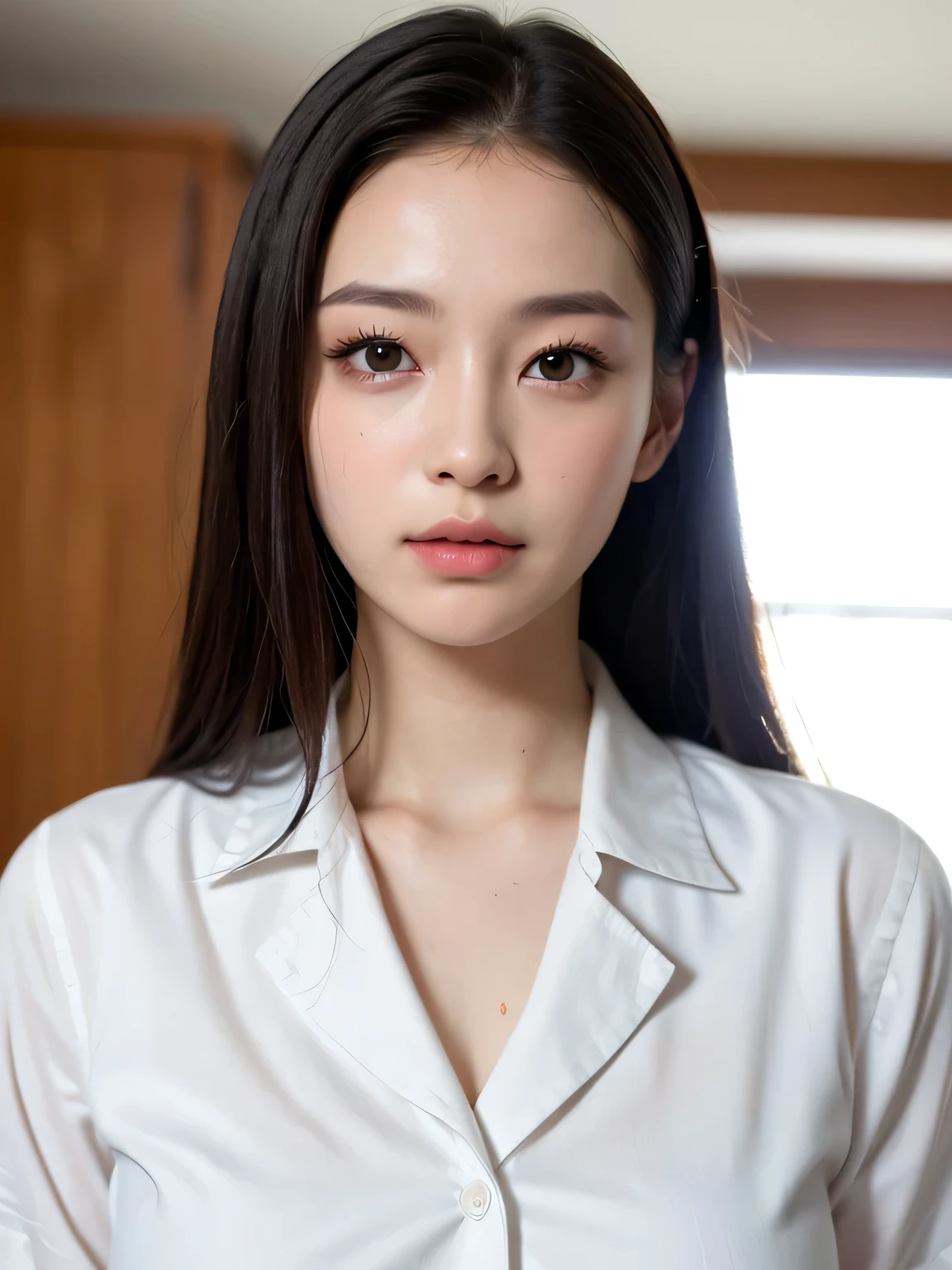 (masterpiece:1.3)、Very fine finish、(High resolution、8k:1.3)、(Highest quality、Ultra-realistic as a photo:1.5)、Sharp focus, Super high definition color、The face is in focus、Ultra high definition and beautiful eyes、Eyes are symmetrical:1.3、High quality and beautiful skin、Firm Skin、whole body、1 high school girl、uniform、16 years old、very cute、very cute、Natural Makeup, Glossy Lips、Strange facial expression, Wet eyes:1.3, blush:1.3, Embarrassing:1.3