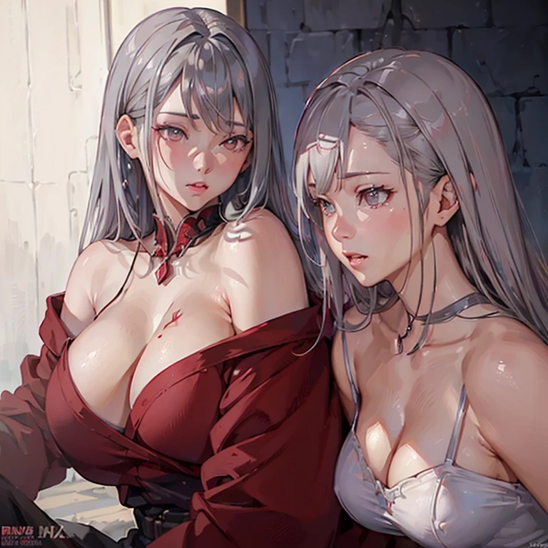 a beautiful anime-style girl with short gray/Gray Hair, Open your mouth, Red eyes, Very detailed顔と特徴, Very detailed chest, Multiple accessories, Multiple Angles, 高品質のCharacter Design, (Highest quality,4K,8k,High resolution,masterpiece:1.2),Very detailed,(Realistic,photoRealistic,photo-Realistic:1.37),Cinema Lighting,Vibrant colors,dramatic composition Red eyes, Side Up, Character Design画, 設定figure, 設定figure, Portraits, Character Design, anime, anime風, figure, 