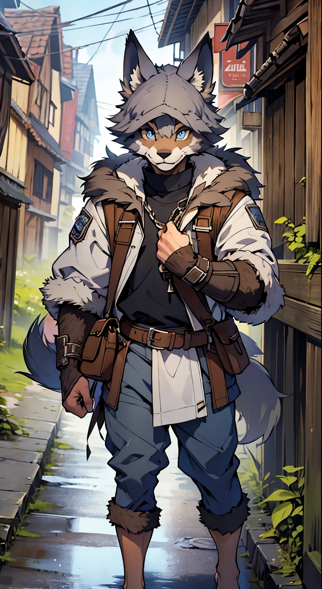 masterpiece,best quality,ultra-detailed,high resolution,extremely detailed,solo,fantasy,wolf beastman,boy,11-year-old boy,(straight, shorthair),blue eyes,cute face,furry,grey fur,fluffy neck hair,(adventure clothes, brown), barefoot, ultra-detailed fur,( five-fingered), big picture, outside, village,
