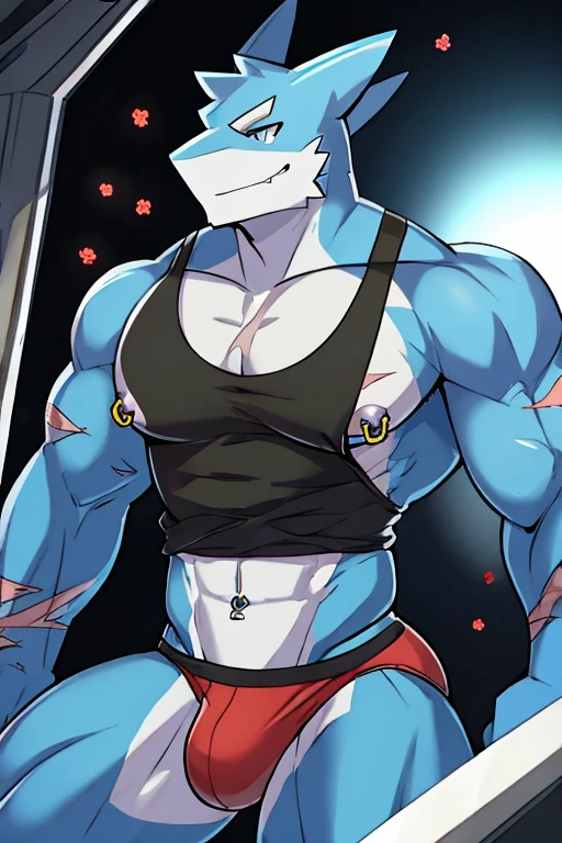 Muscular blue shark, pollen, with scars, black open cut sleeveless shirt, red underwear, with nipple piercings