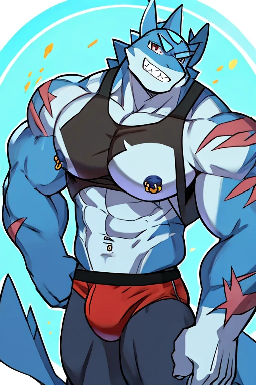 Muscular blue shark, pollen, with scars, black open cut sleeveless shirt, red underwear, with nipple piercings