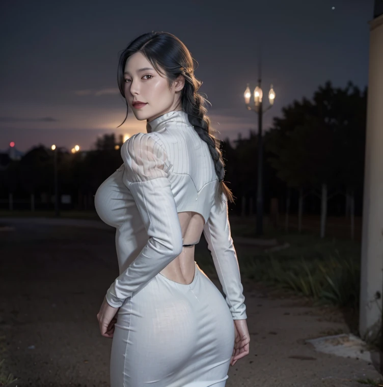 1 girl, alone, mei mei long hair, braid, hair over one eye, dress, smile, black dress, looking at viewer, pov (from below), breasts; large, medium waist, wide hips, wide thighs, round butt, long sleeves, braided bangs, large breasts, blue hair, braided ponytail, turtleneck sweater dress, cowboy shot, build, red lips, gray hair, one eye covered, puffy sleeves, red lipstick, closed mouth, sweater guy in turtleneck, looking back, from behind, ass focus, standing, black eyes, half closed eyes, curves, wide hips, covered navel, impossible clothing, outdoors, night, sky, clouds, stars, streetlights , Lights, buildings, plants, bushes, (squint:1.2), (squint:1.2), break masterpiece, best quality, highly detailed background, perfect lightingbest quality, ((glowing skin, glowing skin, detailed skin)) ,perfect anatomy,perfect hands