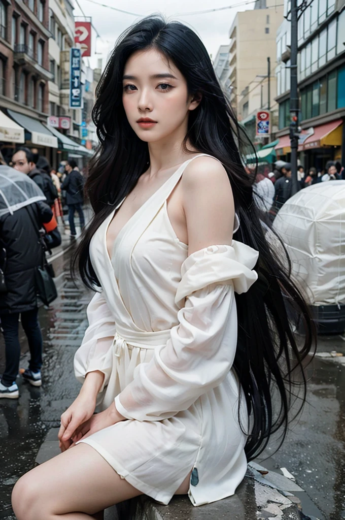 Rainy Night,City,On the busy streets of Gintama,A man in sportswear,Beautiful woman with hot girl makeup, There are vendors all around, Beautiful portrait of a stunning goddess girl, Beautiful and delicate face, Porcelain skin, full-body shot, Center, Super soft light, symmetry, complex, elegant, Very detailed, Reality, Art Station, Concept Art, Smooth, As imagined by greg rutkowski and borris vallejo, cover, trendy style
