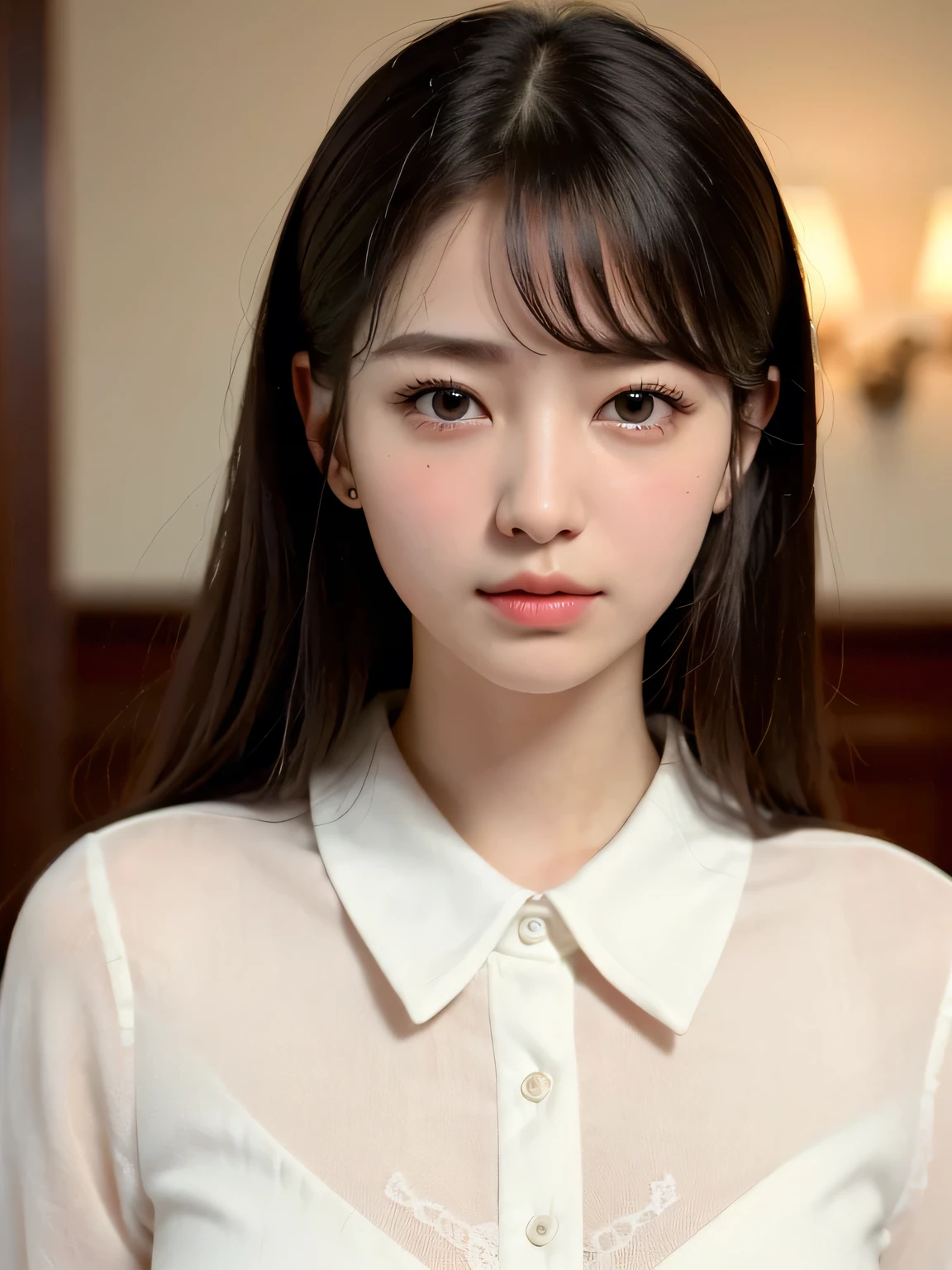 (masterpiece:1.3)、Very fine finish、(High resolution、8k:1.3)、(Highest quality、Ultra-realistic as a photo:1.5)、Sharp focus, Super high definition color、The face is in focus、Ultra high definition and beautiful eyes、Eyes are symmetrical:1.3、High quality and beautiful skin、Firm Skin、whole body、1 high school girl、uniform、16 years old、very cute、very cute、Natural Makeup, Glossy Lips、Strange facial expression, Wet eyes:1.3, blush:1.3, Embarrassing:1.3