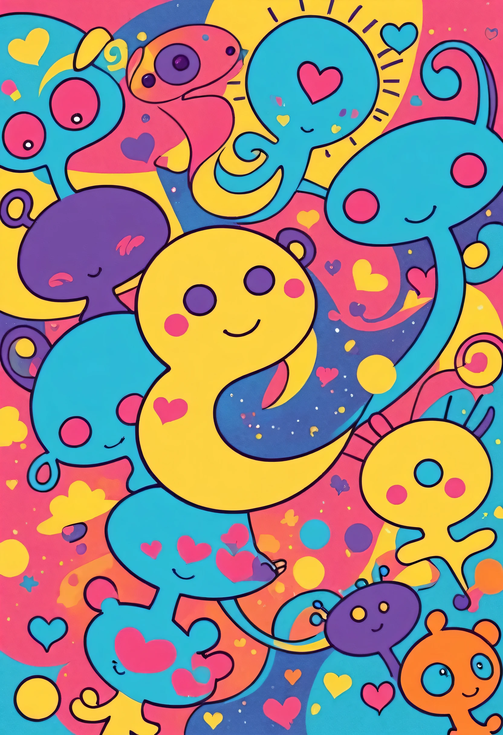 Keith Haring colorfull style, Simple Line Initialism,Abstract art,(((The most beautiful girl of all time))), Sweet face. colorful hearts, stylish design, (((Cute Aliens))), The background is space