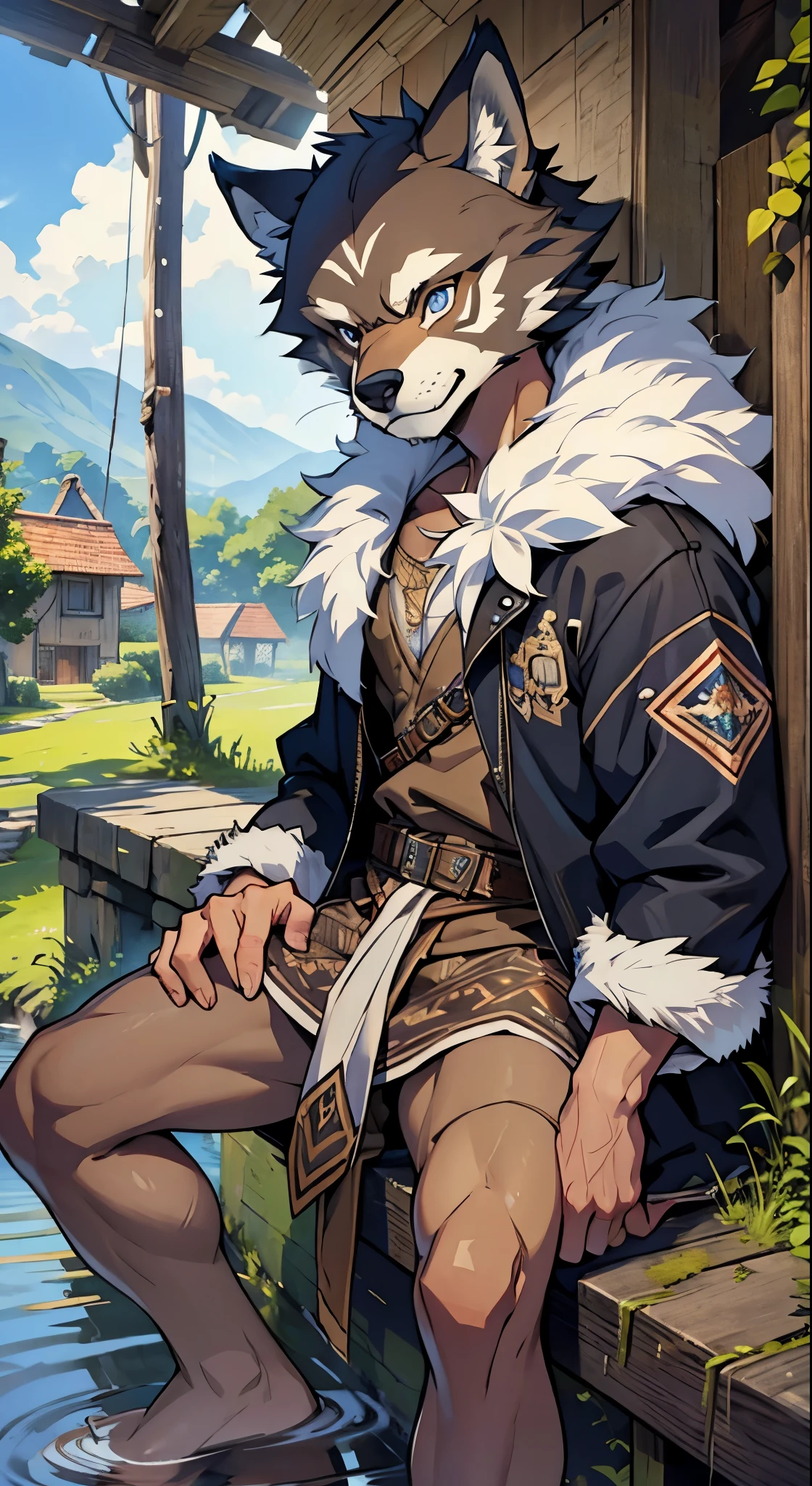 masterpiece,best quality,ultra-detailed,high resolution,extremely detailed,solo,fantasy,wolf beastman,boy,11-year-old boy,(straight, shorthair),blue eyes,cute face,furry,grey fur,fluffy neck hair,(adventure clothes, brown), barefoot, ultra-detailed fur,( five-fingered), big picture, outside, village,
