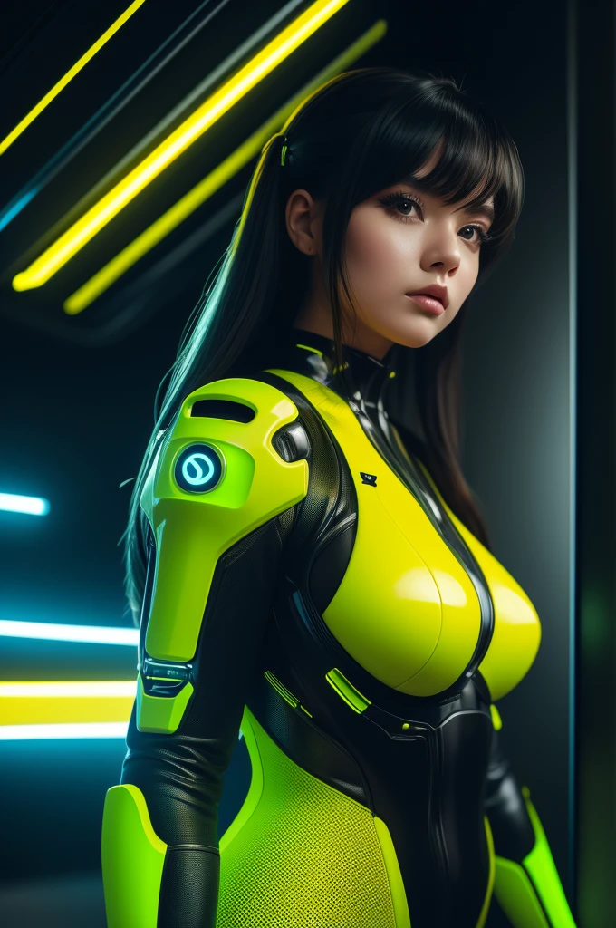 curvy robotic woman, wearing a yellow and black mechanized outfit, neon city background, portrait close-up view, white long hair