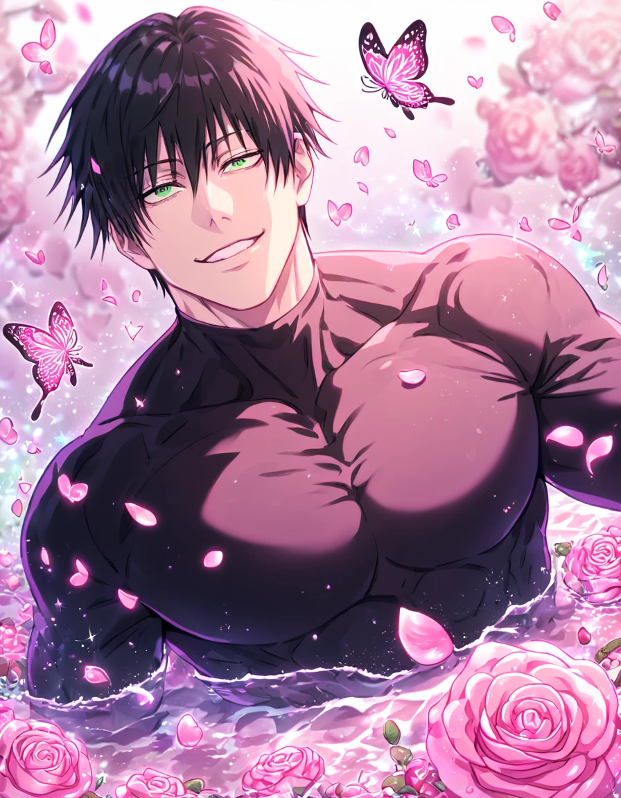 Ultra detailed, HDR, Highres, absurdres, master piece, Fushiguro Touji, black hair, expressive green eyes, toned chest, black tight shirt, Jujutsu Kaisen, solo, pink glittering butterflies, pink ice, petals, pink ice glass roses, sexy man, sensual, handsome, glittering, water, fantasy, magical, manly man, handsome smile,