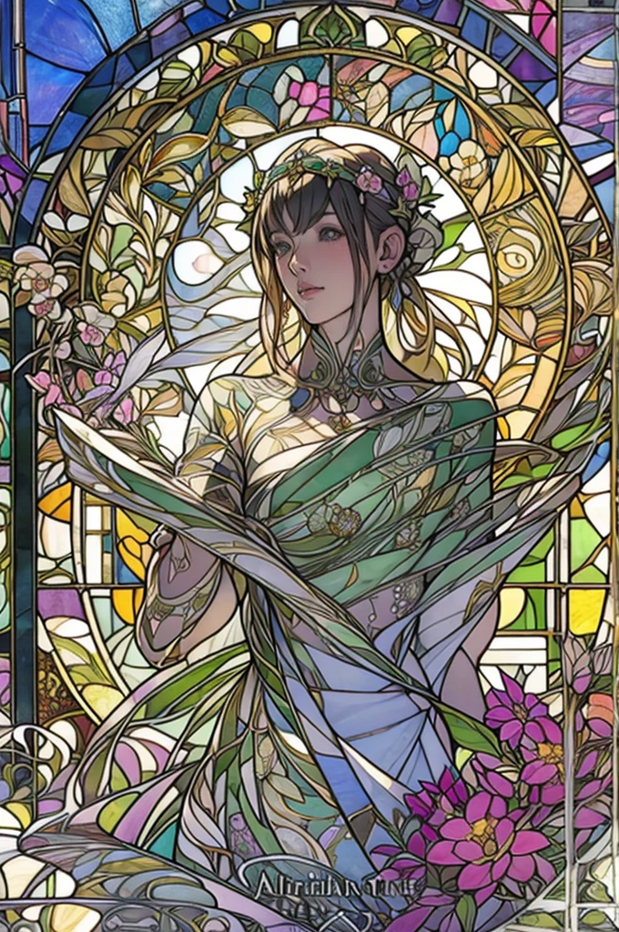 Depicts a beautiful woman with flowers in her hair、Stained glass, Highly detailed watercolor painting, The style of Alfons Maria Mucha and Gustav Kirmut, Art Nouveau accents, Fairy Princess, Anthropomorphic woman, Female figure, Detailed cover artwork, As the Flower Goddess, Alphonse Mucha, Gustav Klimt, Pale skin, Marble sculpture, society, Gothic art, Art Nouveau, Behance Contest Winner