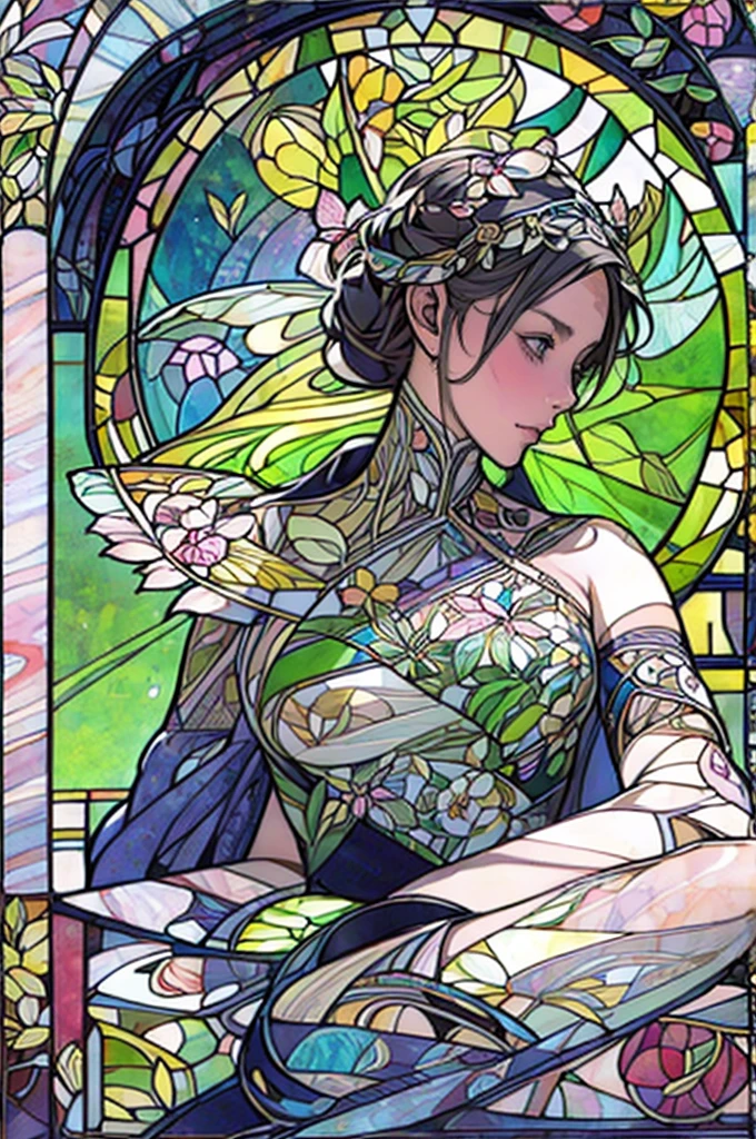 Depicts a beautiful woman with flowers in her hair、Stained glass, Highly detailed watercolor painting, The style of Alfons Maria Mucha and Gustav Kirmut, Art Nouveau accents, Fairy Princess, Anthropomorphic woman, Female figure, Detailed cover artwork, As the Flower Goddess, Alphonse Mucha, Gustav Klimt, Pale skin, Marble sculpture, society, Gothic art, Art Nouveau, Behance Contest Winner