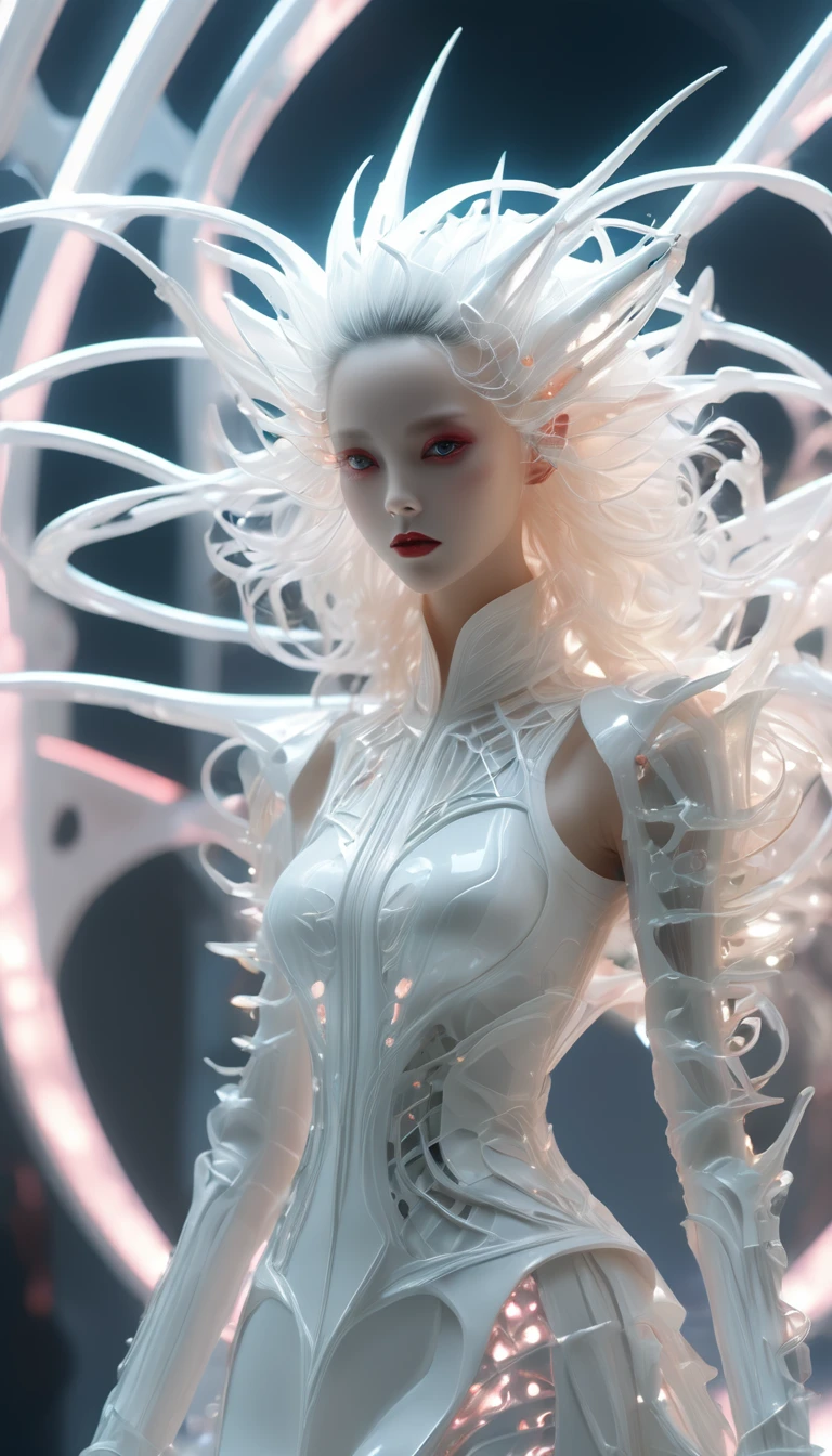 Alien Technology Fashion Runway , Vogue Photos , Inspired by Chinese fairy tales and cyberpunk。(Highest quality,4K,8k,High resolution,masterpiece:1.2), (Realistic,Realistic,Photorealistic:1.37).