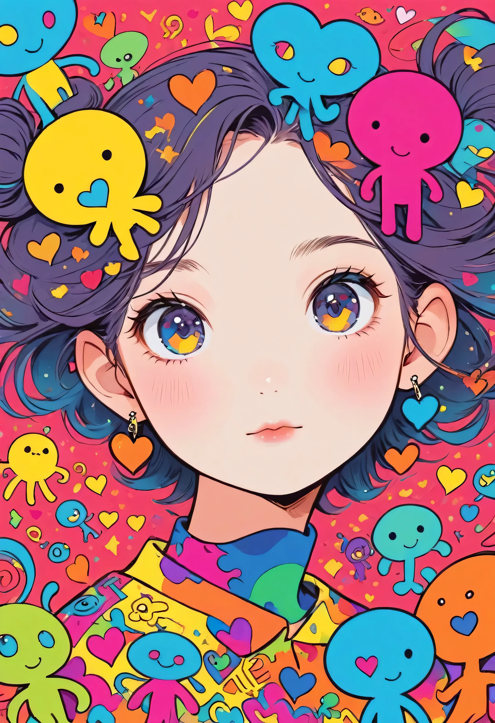 Keith Haring colorfull style, Simple Line Initialism，Abstract art，(((The most beautiful girl of all time))), Sweet face. colorful hearts, stylish design, (((Cute Aliens))), The background is space