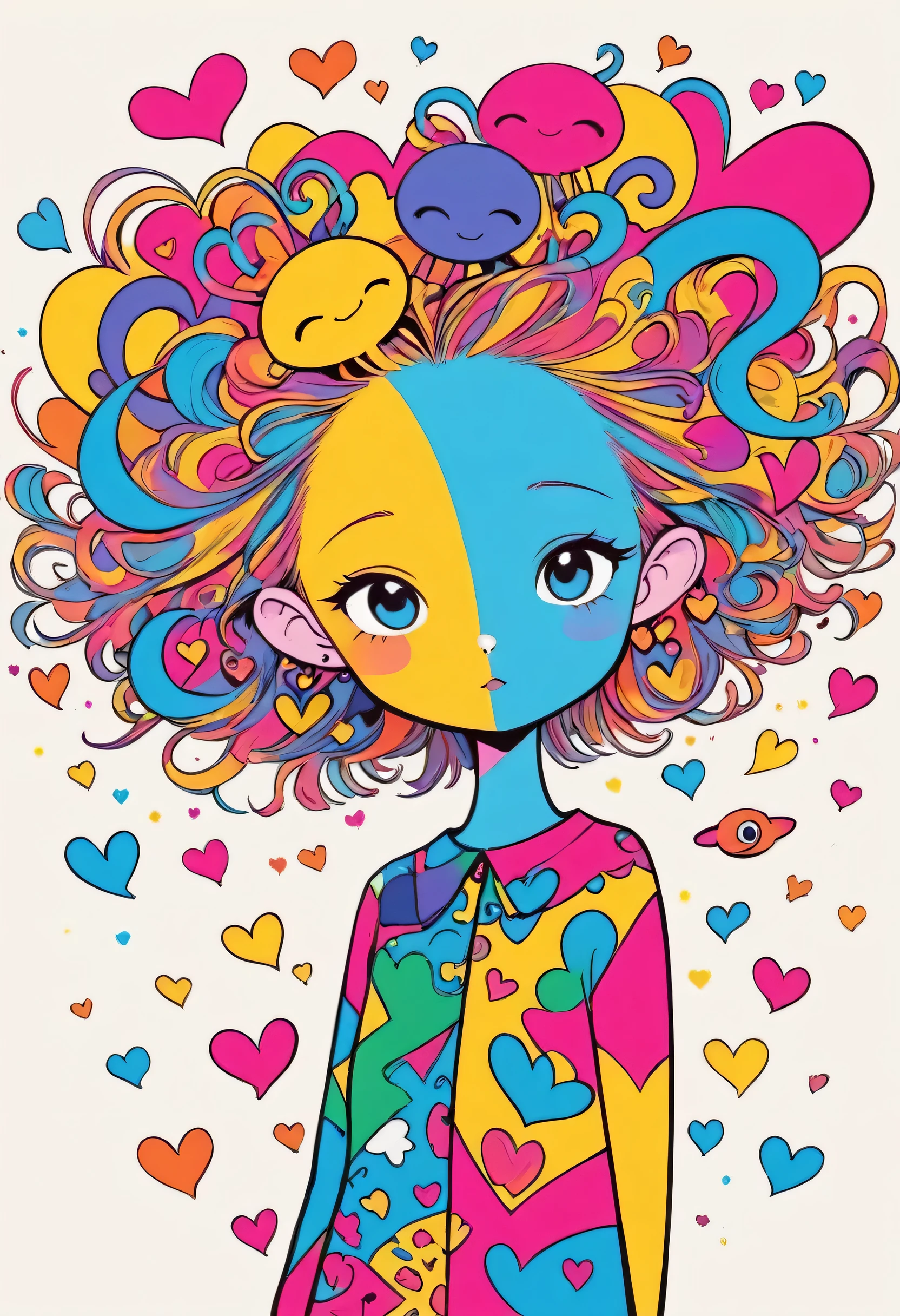 Keith Haring colorfull style, Simple Line Initialism，Abstract art，(((The most beautiful girl of all time))), Sweet face. colorful hearts, stylish design, (((Cute Aliens))), The background is space