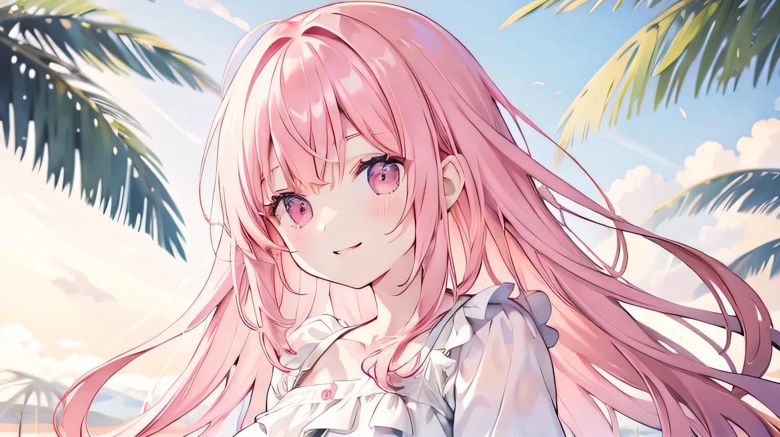 masterpiece, beautiful detailed, one cute girl, the girl wearing (casual and cute clothes), pink Eyes, pink hair, long hair, layered hair, smile, medium breasts, summer theme, (((bold outline))), limited palette