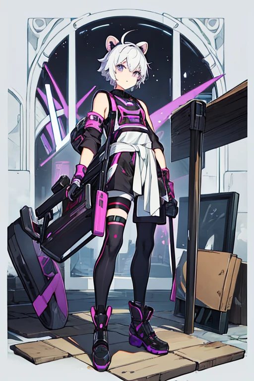 man, gay, short white hair bear ears,purple eyes, motocross goggles , with robotic left arm, black sleeveless shirt, Morados shorts, long tights, with a sweater around my waist, long black gloves, black boots, with a spiked collar