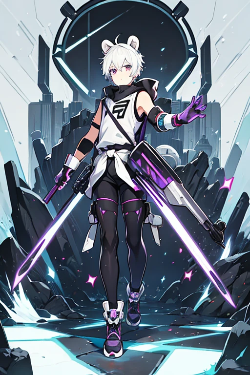 man, gay, short white hair bear ears,purple eyes, motocross goggles , with robotic left arm, black sleeveless shirt, Morados shorts, long tights, with a sweater around my waist, long black gloves, black boots, with a spiked collar