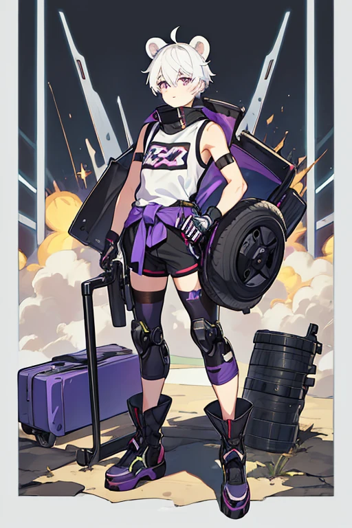 man, gay, short white hair bear ears,purple eyes, motocross goggles , with robotic left arm, black sleeveless shirt, Morados shorts, long tights, with a sweater around my waist, long black gloves, black boots, with a spiked collar