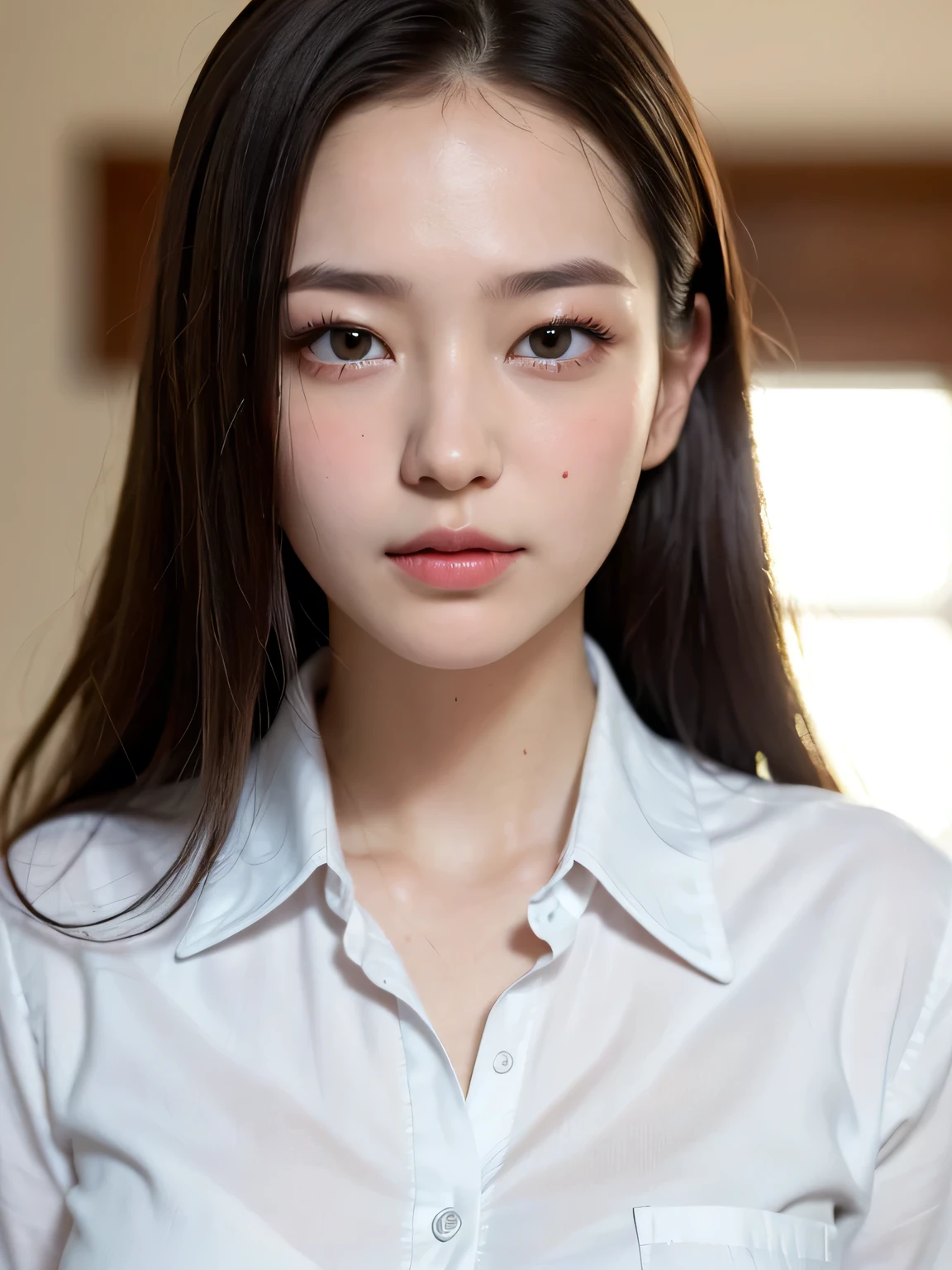 (masterpiece:1.3)、Very fine finish、(High resolution、8k:1.3)、(Highest quality、Ultra-realistic as a photo:1.5)、Sharp focus, Super high definition color、The face is in focus、Ultra high definition and beautiful eyes、Eyes are symmetrical:1.3、High quality and beautiful skin、Firm Skin、Face close-up、1 high school girl、uniform、、very cute、very cute、Natural Makeup, Glossy Lips、Strange facial expression, Wet eyes:1.3, blush:1.3, Embarrassing:1.3