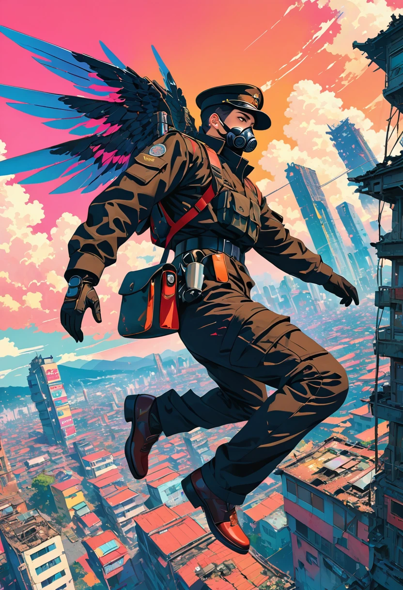 (masterpiece, best quality:1.1), (ultra highres, ultra-detailed:1.2),pop-art,flatcolor, one boy flying,fly high,fly,sky high,male officer,(pose),(black military cap,military Gasmask,black gloves,many gear shaped button,has (Tonfa-shaped blade),(mechanical wings),),neon-colored Mecha-wings,BREAK cyberpunk nazi-suit,thin body,(sky of ruined city),japan,dynamic angle,