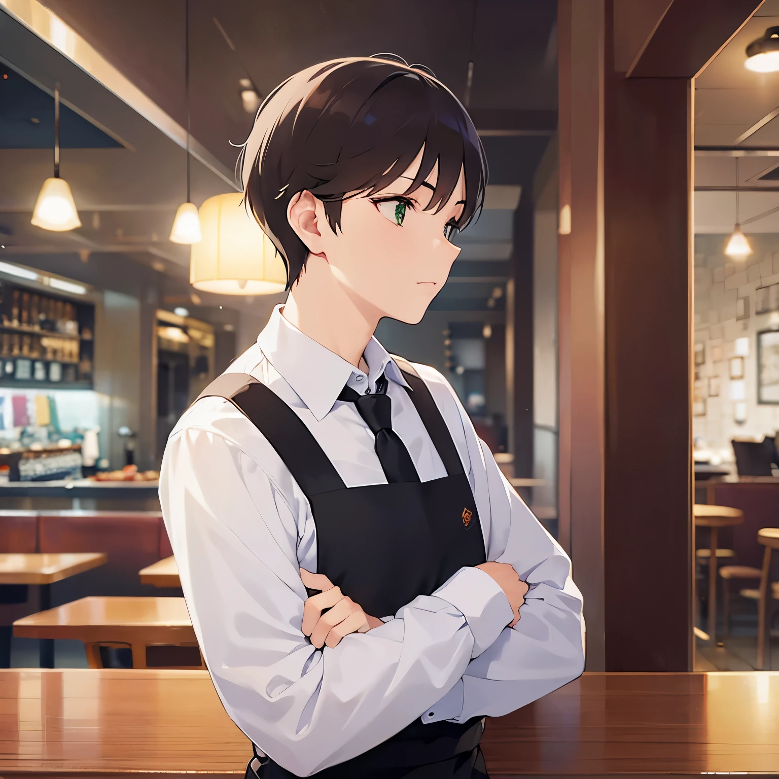 (looking away:1.5),Side shot、masterpiece、Highest quality、Arms crossed、
BREAK (25-year-old male:1.5) and (Mahogany brown short hair) and (Green Eyes)
BREAK,Black long sleeve shirt、apron、
frown, Inside the restaurant、night