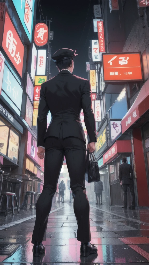 Amidst the bustling streets of Tokyo, Taro Sato stood at the edge of Shibuya Crossing, watching the sea of people surge forward as the lights changed. Neon signs cast a kaleidoscope of colors on the sleek glass façades of the towering skyscrapers, their reflections dancing in the puddles left by a recent rain. The cacophony of electronic advertisements, distant train announcements, and snippets of conversations created a symphony unique to this city.

From behind, Taro’s figure was striking—a tailored navy suit draped perfectly over his broad shoulders, the crisp white shirt collar peeking out just so. His dark hair was neatly styled, catching the light from a nearby LED billboard. Yet, atop his head, an unexpected accessory added a playful twist—a hat shaped like a fox, with pointed ears and a mischievous expression that contrasted sharply with his formal attire. His polished leather shoes clicked softly on the pavement, grounding him in the reality of the moment. His posture was upright and confident, suggesting someone who belonged to this city and navigated its complexities with ease, even with a whimsical touch.

As he stepped off the curb, the rhythmic pulse of Tokyo enveloped him. Taro moved with the crowd, yet his eyes remained sharp, scanning the myriad of faces and signs. He paused briefly at a small alleyway, where the frenetic energy of the main streets gave way to a quiet ramen shop, its warm glow offering a moment of respite. Here, in this juxtaposition of chaos and calm, Taro felt the heartbeat of Tokyo and knew he was exactly where he needed to be, his fox hat adding a dash of individuality to the city's vibrant tapestry.