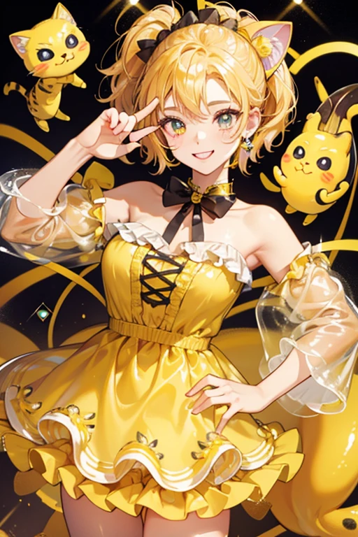 Brenda Banana is a yellow jelly cat Num making a winking expression. She is very shiny and has goldenrod scallops, lines, and dots decorating her middle. She wears a darker colored glittery ribbon. SPARKLE; GLITTER
