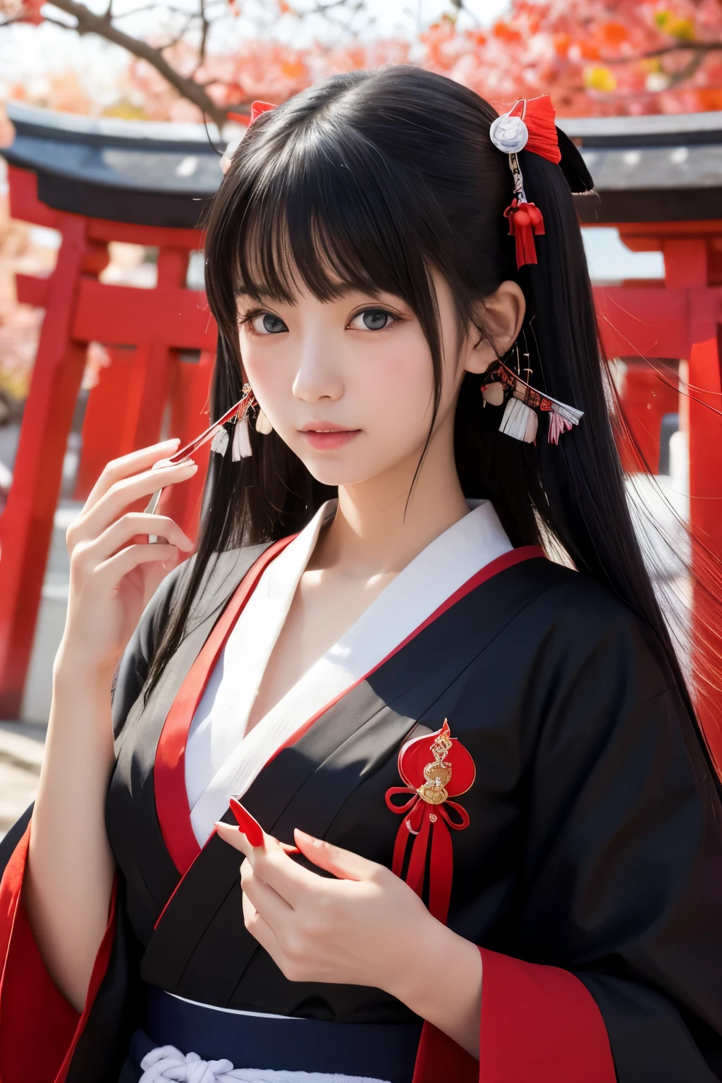 Shrine maiden Japanese style background Fortune telling Black Hair beautiful girl Modest chest