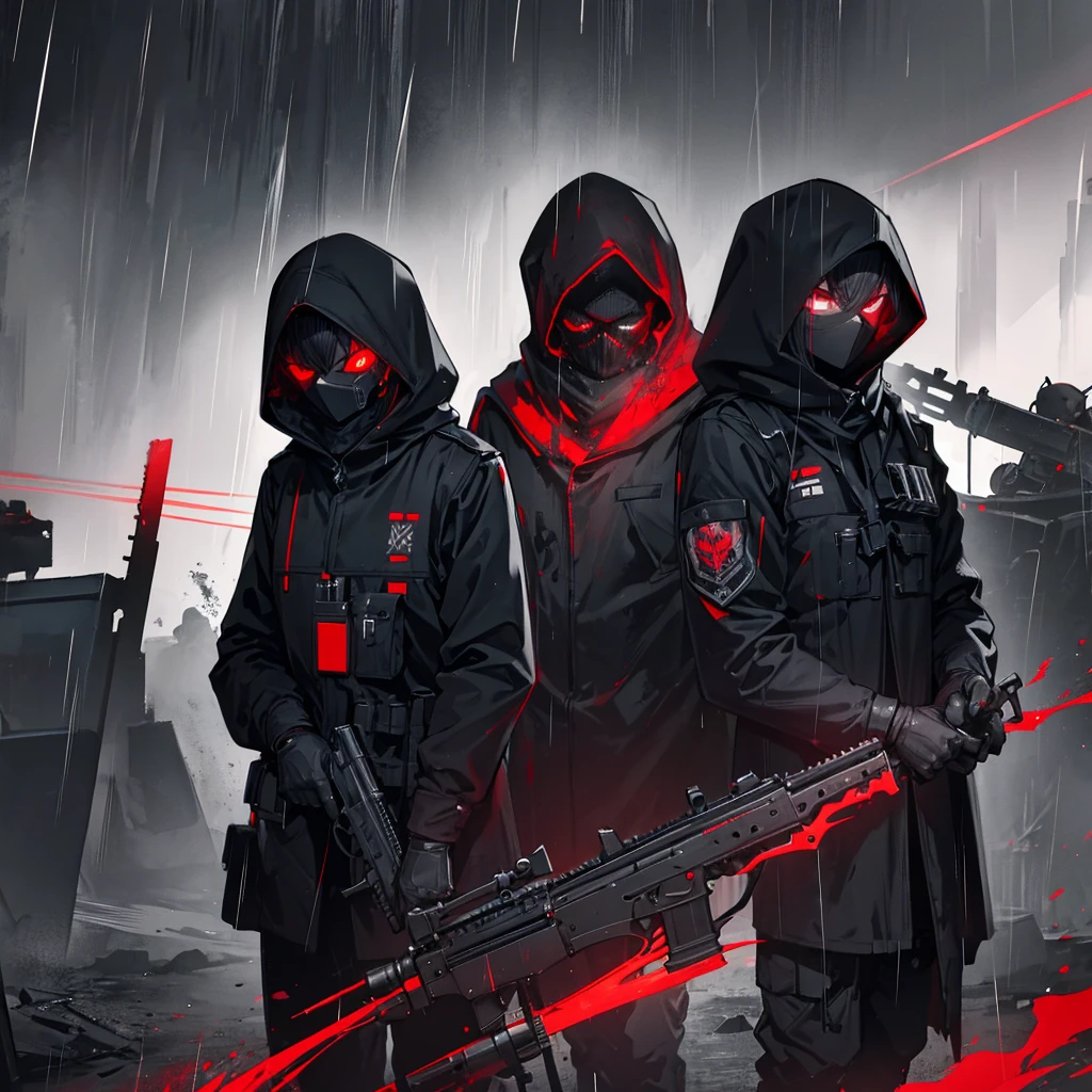  special forces soldiers, skull mask, red eyes, black outfit, hooded, m4 assault rifle, horror ambience, dark ambience, blood stained clothes, midnight, night, fog, rain, destroyed village