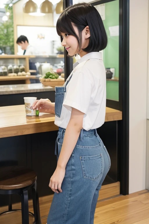 One girl, Japanese female teenager、Shortcuts、Black Hair、White short sleeve shirt、green apron、jeans、Big Ass、whole body、cute