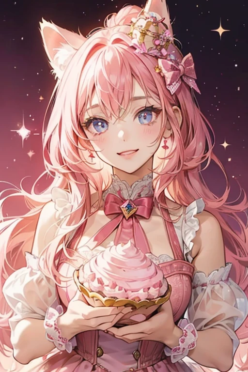A light reddish-pink girl cat Num decorated with intricate icing and plenty of sparkles. She is winking with her left eye and wears a big, pink, sparkly bow on her head. SPARKLE; GLITTER