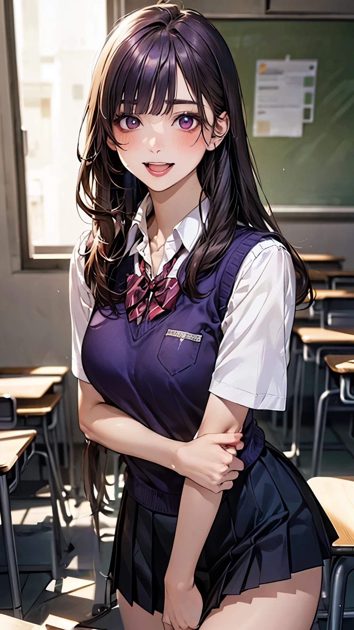 (masterpiece:1.2, top-quality), (realistic, photorealistic:1.4), beautiful illustration, (natural side lighting, movie lighting), depth of fields, 
looking at viewer, upper body, face close-up, front view, 1 girl, 10 years old, (perfect anatomy, anatomically correct, super detailed skin), cute and symmetrical face, perfect face, perfect eyes, 
(long hair, straight hair:1.5, purple hair), blunt bangs, break brown eyes, big eyes, drooping eyes, long eye lasher, (medium breasts, seductive thighs), perfect body, shiny skin, pink skin, 
beautiful detailed hair, beautiful detailed face, beautiful detailed eyes, beautiful clavicle, beautiful body, beautiful chest, beautiful thigh, beautiful legs, beautiful fingers, 
(detailed cloth texture, break short sleeve white collared shirt, break (navy knit vest), break black pleated skirt, break dark green bow tie), break 
(beautiful scenery), (school classroom:1.2), standing, (laughing, (closed eye), blush, open mouth),