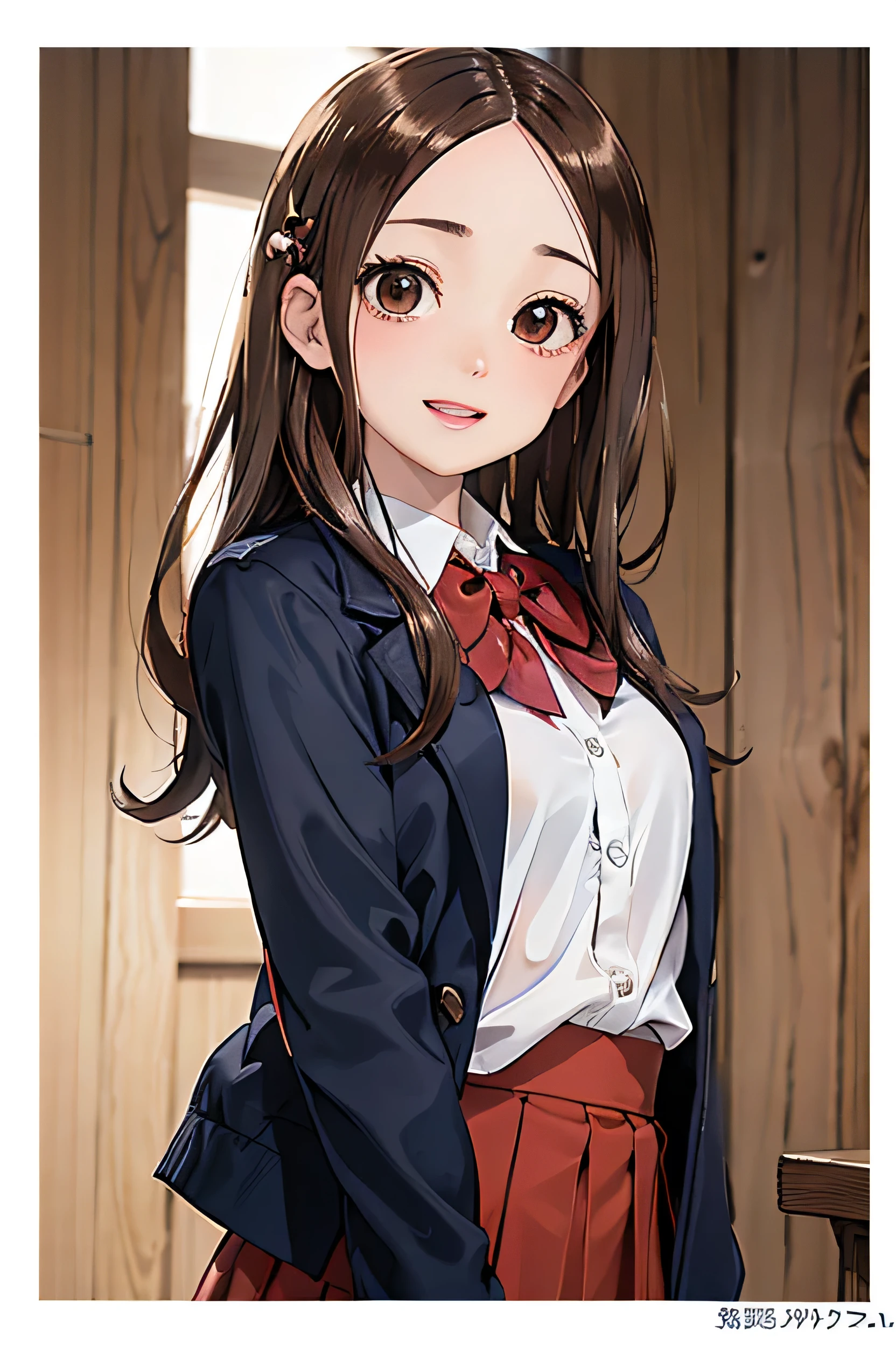 ((masterpiece, Highest quality, High resolution, 超High resolution, Pixel perfect, Depth of written border, 4K, RTTX 10.0, High resolution))), 1 girl、Draw the whole body、from below perspective、Pure white skin, Beautiful art style, (Straight long hair, bangs, Brown Hair:1.2,)( Curly Hair:0.3), White hairpin、((Dark brown eyes:1.4, Round eyes,Droopy eyes、Beautiful eyelashes, Realistic eyes)),, ((Smooth texture:0.75, Realistic texture:0.65, Realistic:1.1, Anime CG style)), Medium chest, Perfect body, ((Portraiture, throw)), ((Red bow tie, , Navy blue jacket, Open jacket, White shirt, skirt)), smile, Open your mouth、teeth、(From below1st.3),From below