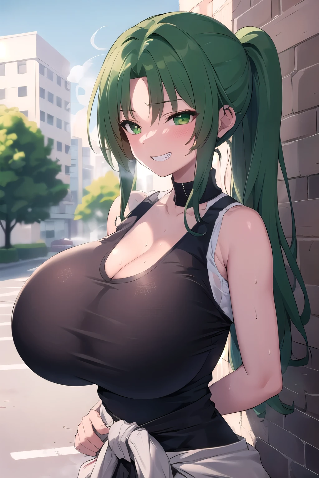 masterpiece, best quality, ultra-detailed, 1girl,  Mion Sonozaki, green hair, green eyes, ponytail,((Black Tank Top)),cleavage,( skinny clothing:1.2),(large breasts:1.2),ample breast,huge breast,(round breast),Stylish,(thin_Waist:1.5),curvin waist,wide tits,big tits,Grin,Nice body,outdoors,Upper Body,(breast focus),hands own breast,squeeze breast,blush,sweat,steam,breath,bra under the shirt,((Underwear lines showing through shirts))