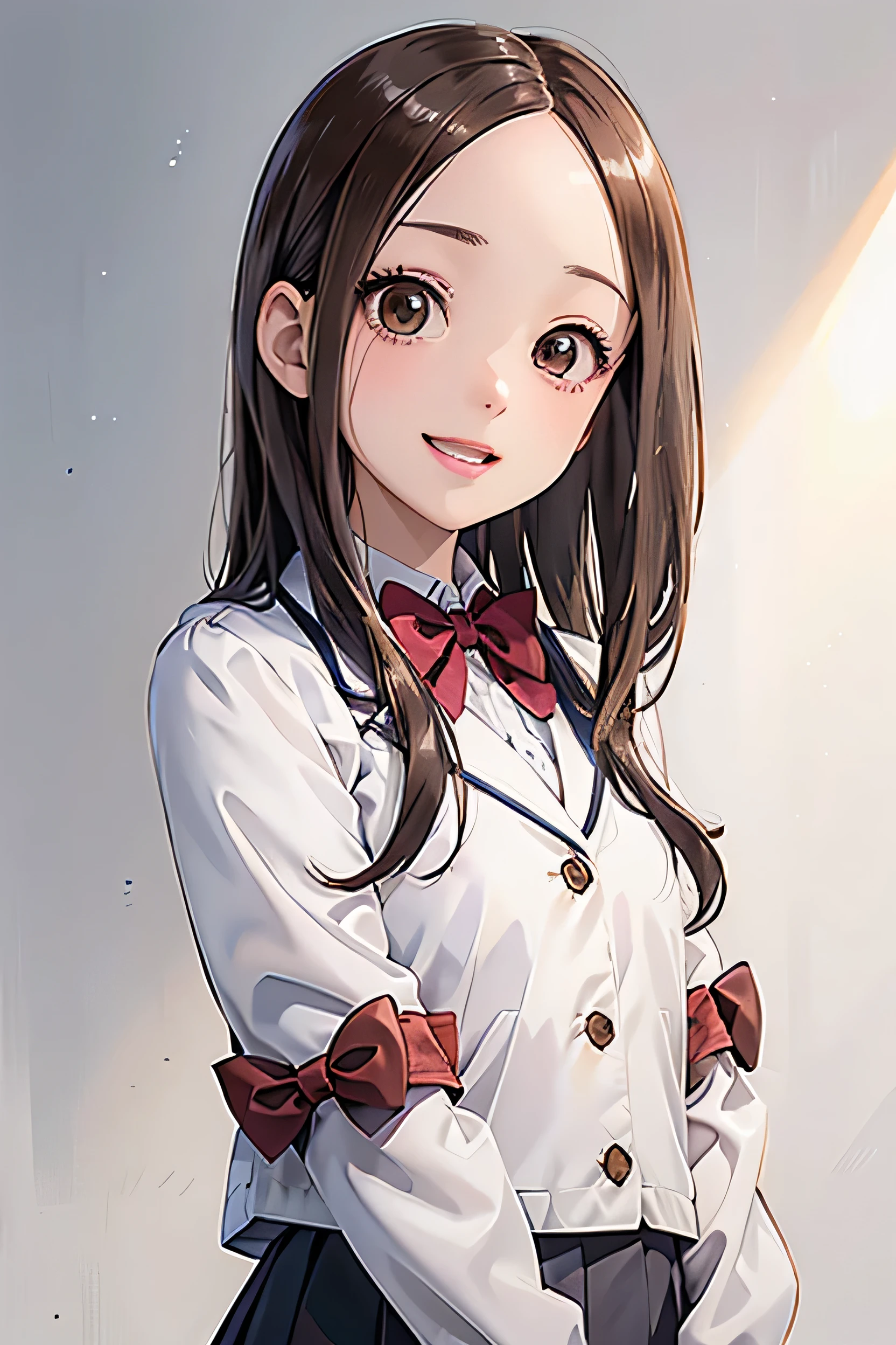 ((masterpiece, Highest quality, High resolution, 超High resolution, Pixel perfect, Depth of written border, 4K, RTTX 10.0, High resolution))), 1 girl、Draw the whole body、from below perspective、Pure white skin, Beautiful art style, (Straight long hair, bangs, Brown Hair:1.2,)( Curly Hair:0.3), White hairpin、((Dark brown eyes:1.4, Round eyes,Droopy eyes、Beautiful eyelashes, Realistic eyes)),, ((Smooth texture:0.75, Realistic texture:0.65, Realistic:1.1, Anime CG style)), Medium chest, Perfect body, ((Portraiture, throw)), ((Red bow tie, , Navy blue jacket, Open jacket, White shirt, skirt)), smile, Open your mouth、teeth、(From below1st.3),From below