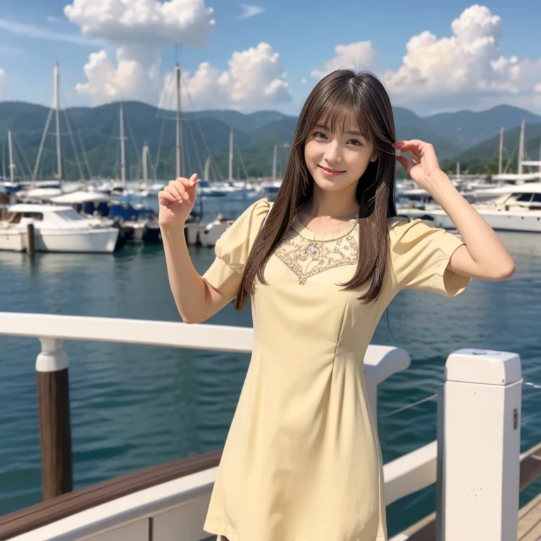 (Calm and gentle look:1.8), (Full Body Shot:1.3), (panorama:1.8), Cinema Lighting, ((Highest quality)), (RAW Photos, Highest quality), ( Realistic:1.4), realism, masterpiece, Very delicate and beautiful, Very detailed, 4K wallpaper, wonderful, finely, Very detailed CG unity 8k wallpaper, Very detailed, High resolution, Soft Light, Japanese, (one shot:1.9), (22 years old:1.6), (Round face:1.2), (Fat:0.8), (A neat and clean woman:1.5), Beautiful detailed woman,Famous Japanese actresses, Detailed face, finelyて美しい目, Very detailedな目と顔, Beautiful eyes and a beautifully detailed nose, Ultra HD glossy lips, (Straight Hair:1.4), Shiny Hair, Shiny Hair, Brown Hair, (bangs:1.4), Long, slender legs, Toned body, (Smiling:1.5), Natural Makeup, (LET IT PASS, Pale yellow, Short sleeve dress:1.8), (A very intricate and elaborately decorated dress:1.3), Accentuate your body lines, (pumps:1.2), (A model posing at the yacht harbor:1.4), (Deep blue midsummer sky, cumulonimbus:1.3),
