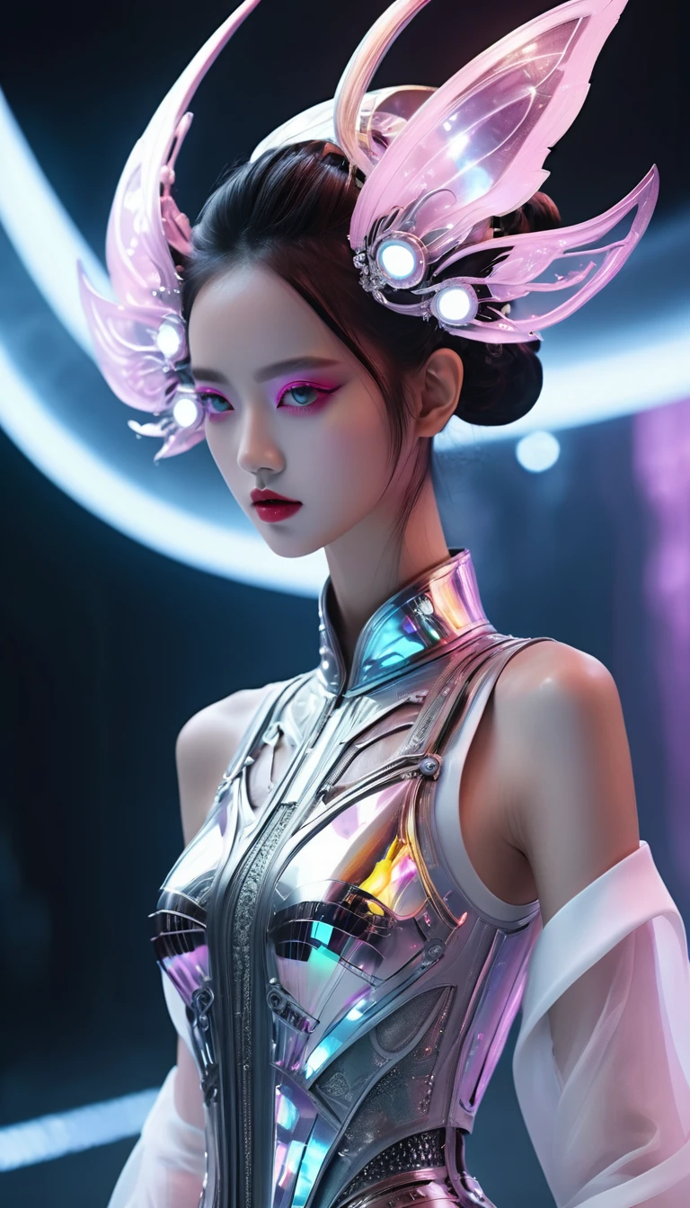 Alien Technology Fashion Runway , Vogue Photos , Inspired by Chinese fairy tales and cyberpunk。(Highest quality,4K,8k,High resolution,masterpiece:1.2), (Realistic,Realistic,Photorealistic:1.37).