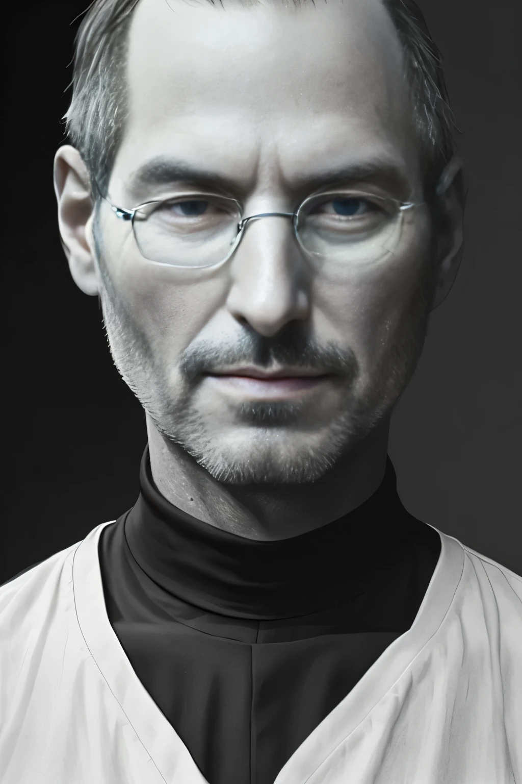 Steve Jobs, depicted in high resolution and best quality, captures the essence of seriousness as he is seated at a desk, emphasizing his bust upward. The image exudes a sense of depth and realism, with a realistic skin texture rating of 1.4 and a focused attention on his intense gaze, directed straight towards the camera. The lighting is impeccable, creating a dramatic contrast that highlights his features. The scene is presented as a masterpiece, showcasing Jobs' serious demeanor while maintaining a touch of humanity and approachability.
