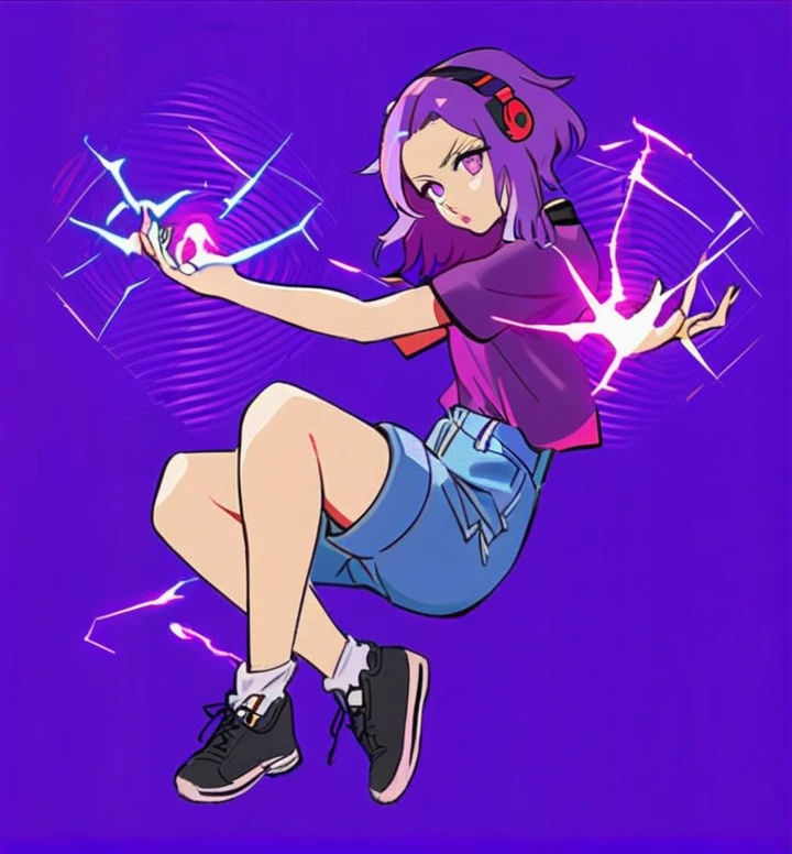 18-year-old woman with short, violet hair, violet eyes, pink lips, red headphones, purple t-shirt, jean shorts, white socks, black sneakers, Balls of electricity come out in both hands.
