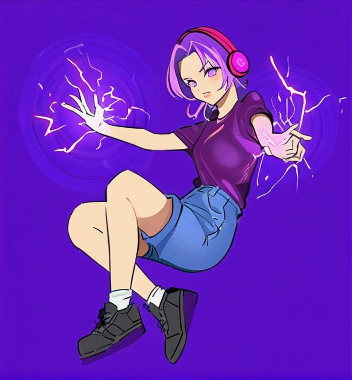 18-year-old woman with short, violet hair, violet eyes, pink lips, red headphones, purple t-shirt, jean shorts, white socks, black sneakers, Balls of electricity come out in both hands.