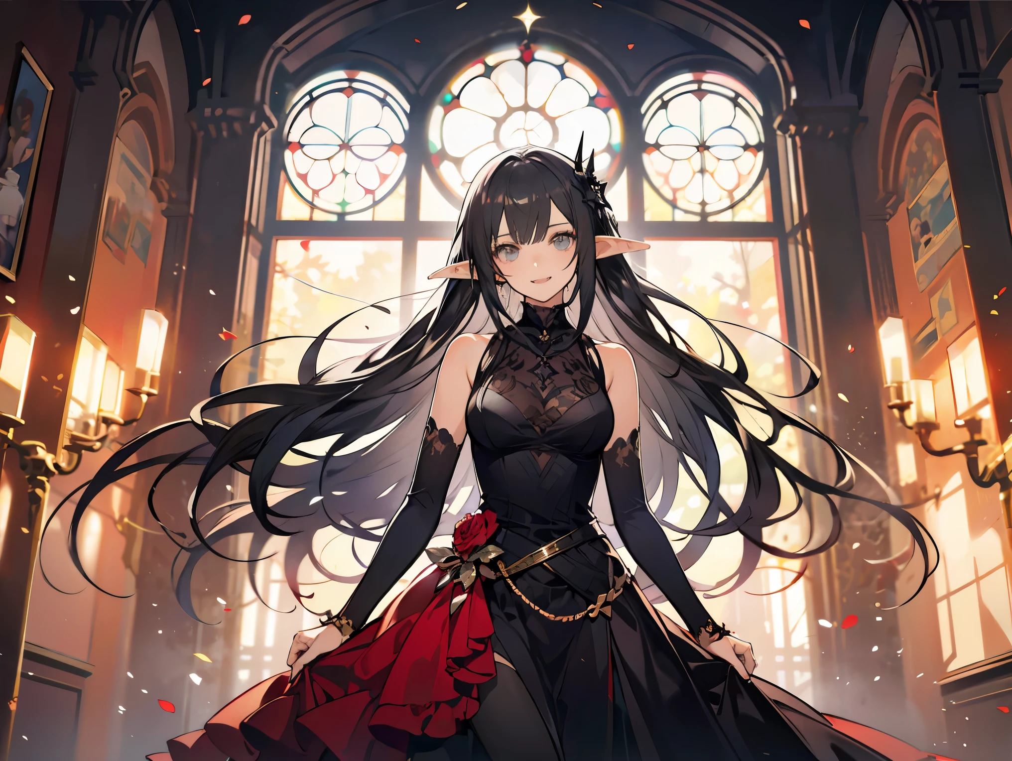 (black hair), long hair, Hair blowing in the wind, Hair Ribbon, mismatched sclera, smile, Baroque, chiaroscuro, masterpiece, accurate, high quality, best quality, high details, super detail, Vampire, aristocratic vampire, dark castle interior, moonlight shining through a window into a dark room, at night, Sleeveless turtleneck, Detailed hands, detailed fingers, pointed nails, nail art, Fangs protruding from the mouth, elf, pointy ears, mature woman