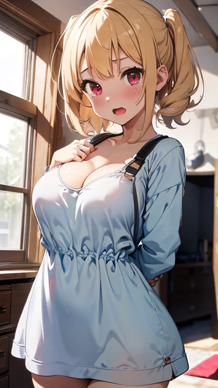 mastute piece,Best Quality,insanely detailed,8k cg,nsfw,
(shoot upper body:1.3),
(1girls:1.3),standing,looking at viewr,body in front,(arms behind back:1.4),(smock:1.3),(bare breasts:1.2),
break,
blush,shy,(ecstasy face),(trembling:1.2),break,(light yellow hair),
break,
perfect breasts,perfect teats,(open mouth:0.9),(large breasts:1.4),
(playroom),