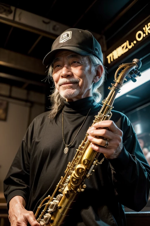 tokyo cyberpunk. 70 year old man plays jazz sax in a small club. in the audience his 25 year old girlfriend smiles at him
