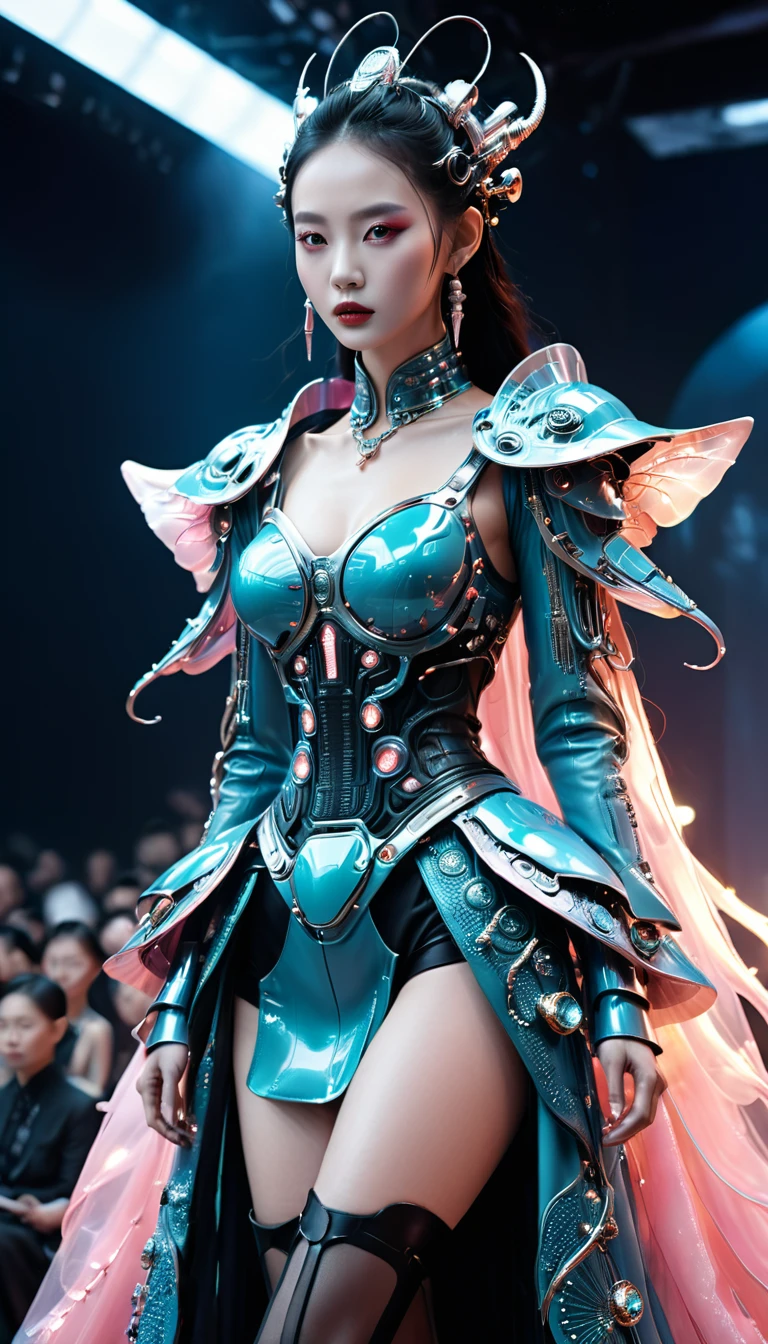 Alien Technology Fashion Runway , Vogue Photos , Inspired by Chinese fairy tales and cyberpunk。(Highest quality,4K,8k,High resolution,masterpiece:1.2), (Realistic,Realistic,Photorealistic:1.37).