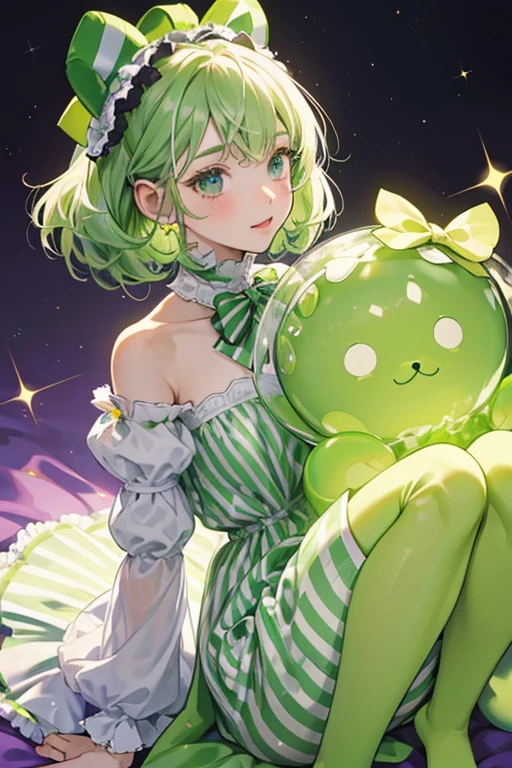 A green and chartreuse striped jelly girl bear Num with a basic expression. Dollops of white cream circle her bottom and she has a large pile on the top of her head with a violet bow. SPARKLE; GLITTER