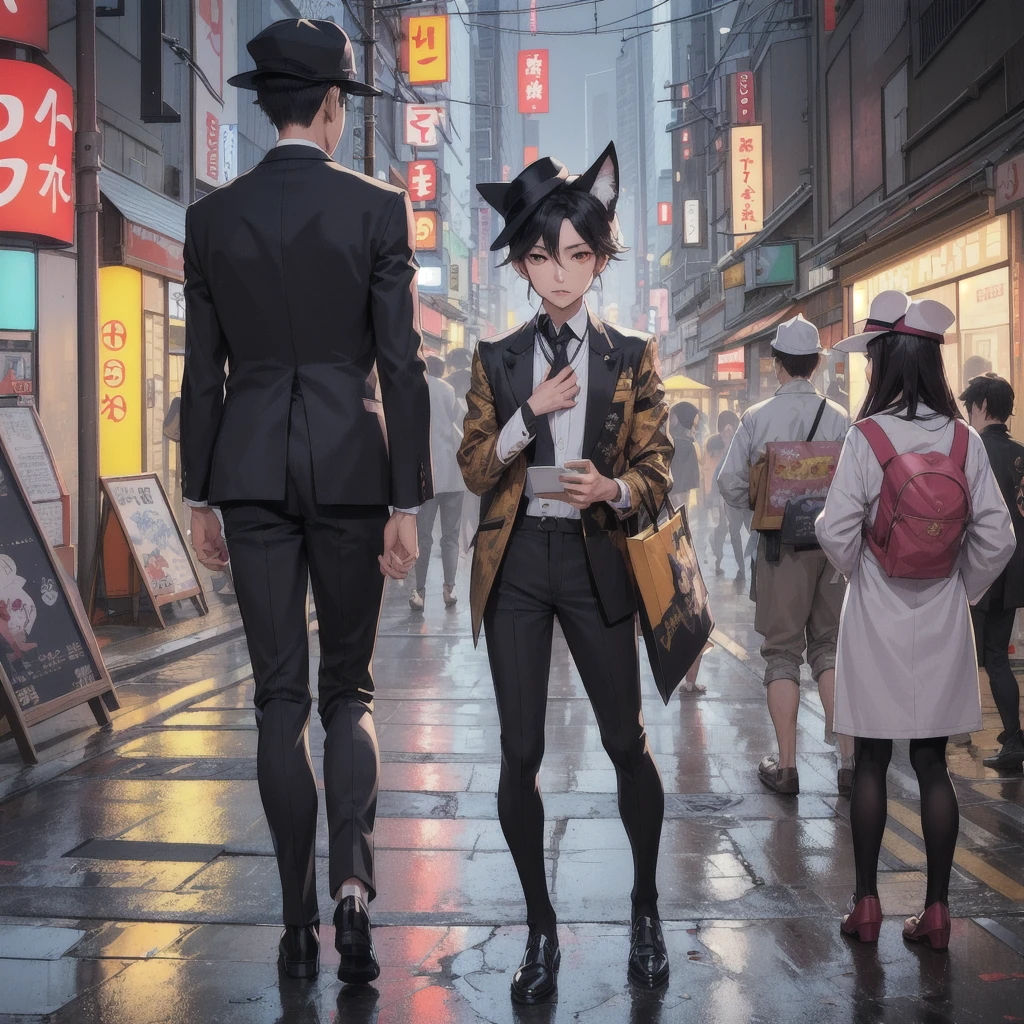 Amidst the bustling streets of Tokyo, Taro Sato stood at the edge of Shibuya Crossing, watching the sea of people surge forward as the lights changed. Neon signs cast a kaleidoscope of colors on the sleek glass façades of the towering skyscrapers, their reflections dancing in the puddles left by a recent rain. The cacophony of electronic advertisements, distant train announcements, and snippets of conversations created a symphony unique to this city.
From behind, Taro’s figure was striking—a tailored navy suit draped perfectly over his broad shoulders, the crisp white shirt collar peeking out just so. His dark hair was neatly styled, catching the light from a nearby LED billboard. Yet, atop his head, an unexpected accessory added a playful twist—a hat shaped like a fox, with pointed ears and a mischievous expression that contrasted sharply with his formal attire. His polished leather shoes clicked softly on the pavement, grounding him in the reality of the moment. His posture was upright and confident, suggesting someone who belonged to this city and navigated its complexities with ease, even with a whimsical touch.
As he stepped off the curb, the rhythmic pulse of Tokyo enveloped him. Taro moved with the crowd, yet his eyes remained sharp, scanning the myriad of faces and signs. He paused briefly at a small alleyway, where the frenetic energy of the main streets gave way to a quiet ramen shop, its warm glow offering a moment of respite. Here, in this juxtaposition of chaos and calm, Taro felt the heartbeat of Tokyo and knew he was exactly where he needed to be, his fox hat adding a dash of individuality to the city's vibrant tapestry.
