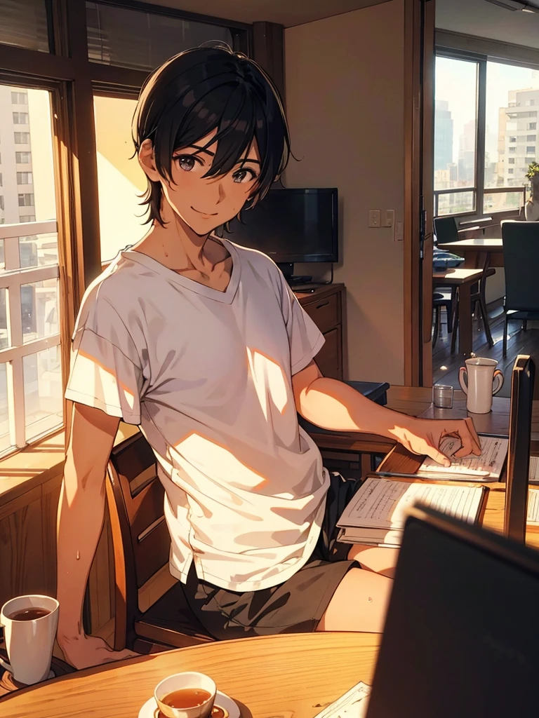 Solo Summer Sunshine:1.3 Dazzling, strong light, sweat on forehead, smiling, anime drawing with clear shadows, male:1.9 Elderly:1.9 Working adult, 48 years old, short black hair, tall, assertive, tall and slender, apartment living room, table, sitting in chair, tea, business bag, good weather