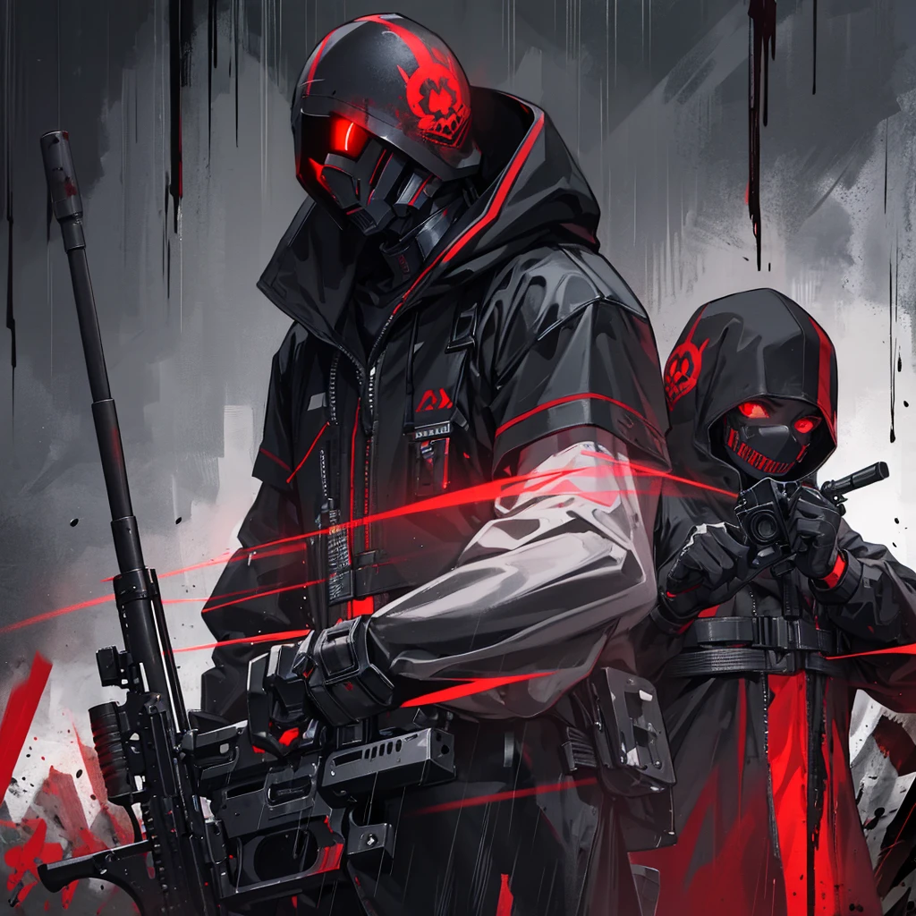 special forces soldier, mask, red eyes, black outfit, hooded, m4 assault rifle, horror ambience, dark ambience, blood stained clothes, midnight, night, fog, rain, destroyed village
