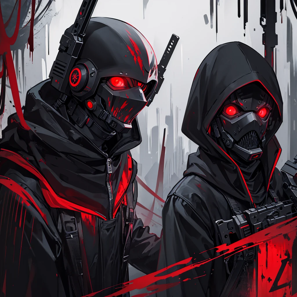  special forces soldier, mask, red eyes, black outfit, hooded, m4 assault rifle, horror ambience, dark ambience, blood stained clothes, midnight, night, fog, rain, destroyed village