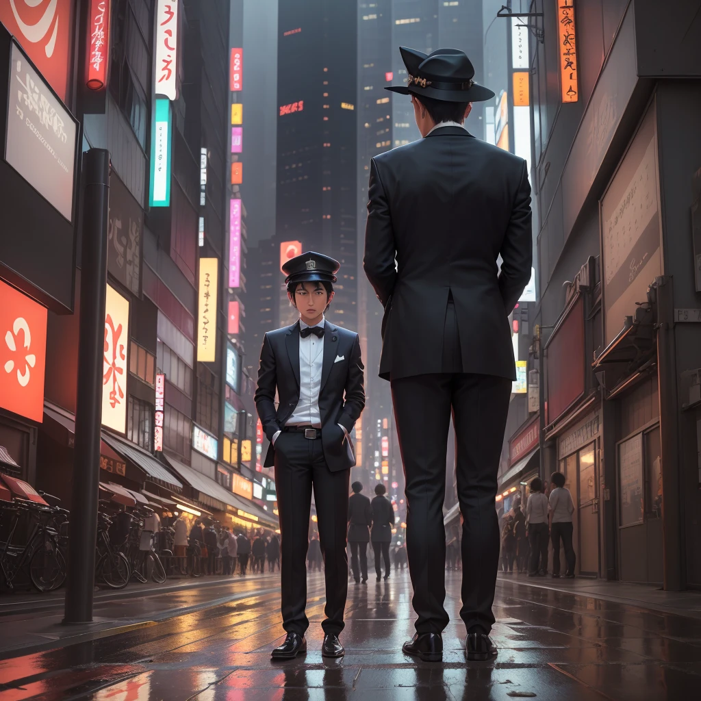 Amidst the bustling streets of Tokyo, Taro Sato stood at the edge of Shibuya Crossing, watching the sea of people surge forward as the lights changed. Neon signs cast a kaleidoscope of colors on the sleek glass façades of the towering skyscrapers, their reflections dancing in the puddles left by a recent rain. The cacophony of electronic advertisements, distant train announcements, and snippets of conversations created a symphony unique to this city.
From behind, Taro’s figure was striking—a tailored navy suit draped perfectly over his broad shoulders, the crisp white shirt collar peeking out just so. His dark hair was neatly styled, catching the light from a nearby LED billboard. Yet, atop his head, an unexpected accessory added a playful twist—a hat shaped like a fox, with pointed ears and a mischievous expression that contrasted sharply with his formal attire. His polished leather shoes clicked softly on the pavement, grounding him in the reality of the moment. His posture was upright and confident, suggesting someone who belonged to this city and navigated its complexities with ease, even with a whimsical touch.
As he stepped off the curb, the rhythmic pulse of Tokyo enveloped him. Taro moved with the crowd, yet his eyes remained sharp, scanning the myriad of faces and signs. He paused briefly at a small alleyway, where the frenetic energy of the main streets gave way to a quiet ramen shop, its warm glow offering a moment of respite. Here, in this juxtaposition of chaos and calm, Taro felt the heartbeat of Tokyo and knew he was exactly where he needed to be, his fox hat adding a dash of individuality to the city's vibrant tapestry.