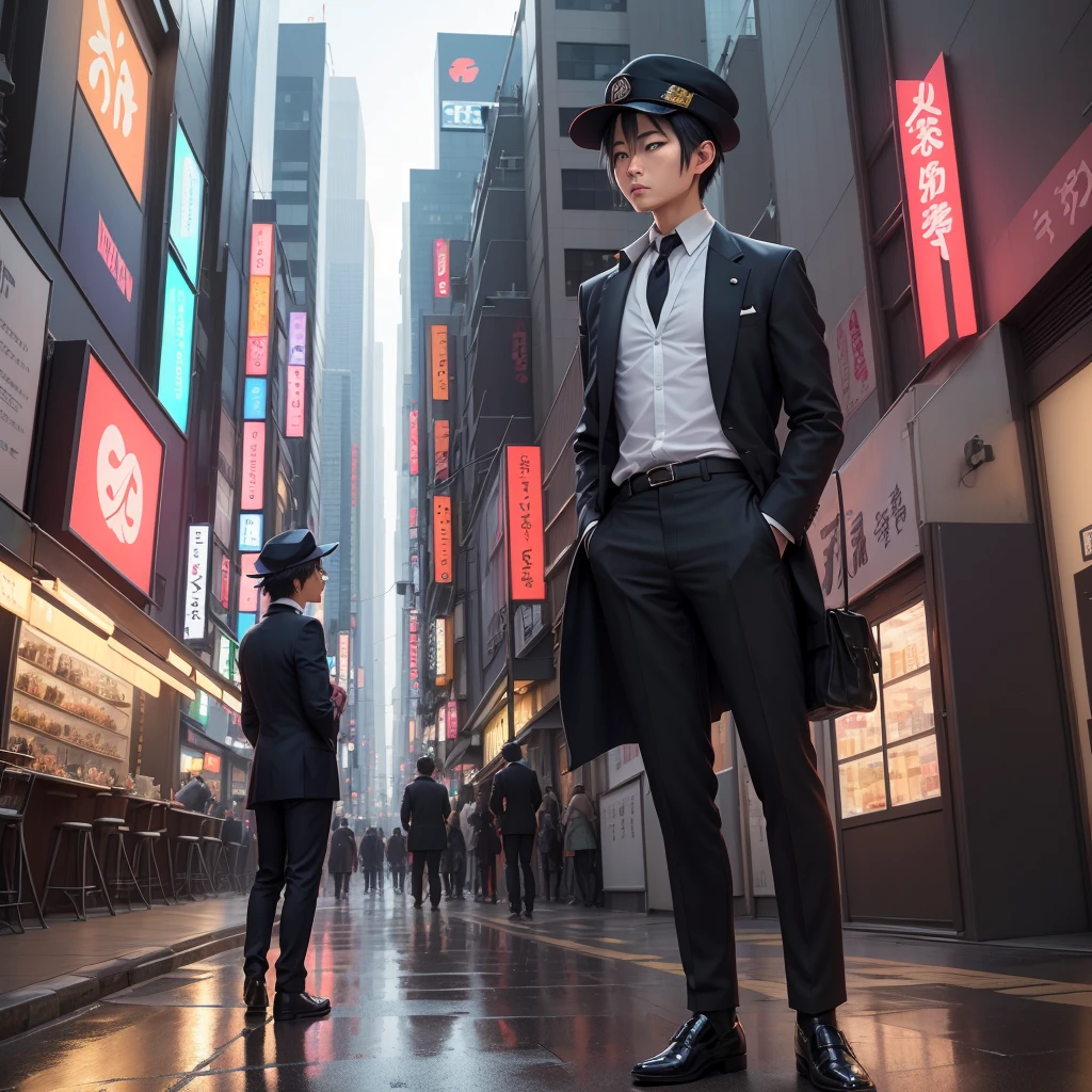 Amidst the bustling streets of Tokyo, Taro Sato stood at the edge of Shibuya Crossing, watching the sea of people surge forward as the lights changed. Neon signs cast a kaleidoscope of colors on the sleek glass façades of the towering skyscrapers, their reflections dancing in the puddles left by a recent rain. The cacophony of electronic advertisements, distant train announcements, and snippets of conversations created a symphony unique to this city.
From behind, Taro’s figure was striking—a tailored navy suit draped perfectly over his broad shoulders, the crisp white shirt collar peeking out just so. His dark hair was neatly styled, catching the light from a nearby LED billboard. Yet, atop his head, an unexpected accessory added a playful twist—a hat shaped like a fox, with pointed ears and a mischievous expression that contrasted sharply with his formal attire. His polished leather shoes clicked softly on the pavement, grounding him in the reality of the moment. His posture was upright and confident, suggesting someone who belonged to this city and navigated its complexities with ease, even with a whimsical touch.
As he stepped off the curb, the rhythmic pulse of Tokyo enveloped him. Taro moved with the crowd, yet his eyes remained sharp, scanning the myriad of faces and signs. He paused briefly at a small alleyway, where the frenetic energy of the main streets gave way to a quiet ramen shop, its warm glow offering a moment of respite. Here, in this juxtaposition of chaos and calm, Taro felt the heartbeat of Tokyo and knew he was exactly where he needed to be, his fox hat adding a dash of individuality to the city's vibrant tapestry.